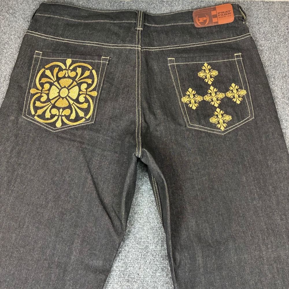 Phat Farm Mens Dark Wash Denim Jeans 38x33 Baggy Straight Leg Y2K Hip Hop Gold